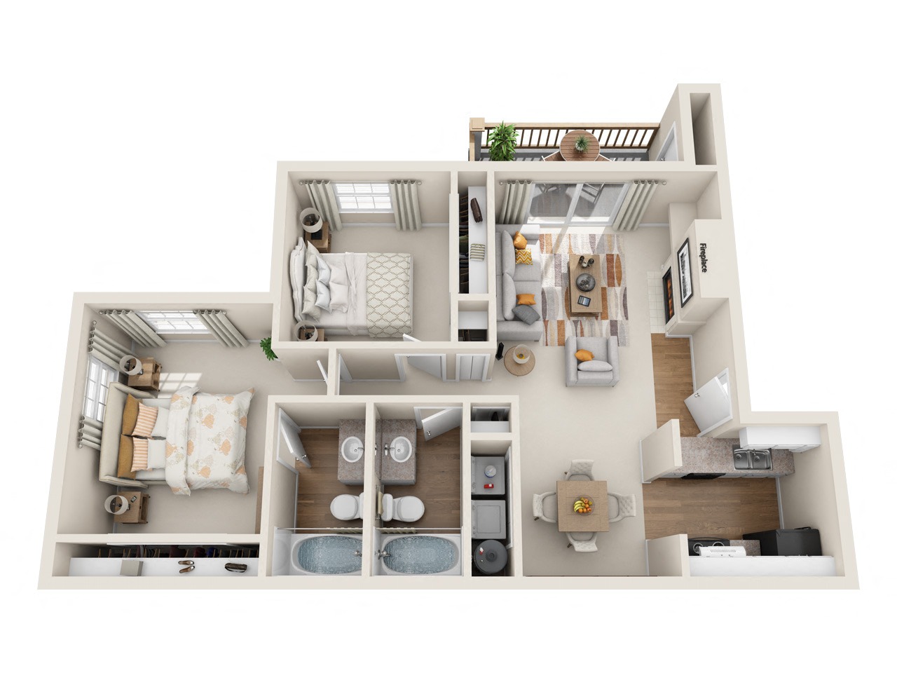 Floor plan for 2 beds, 2 baths, 900 sqft